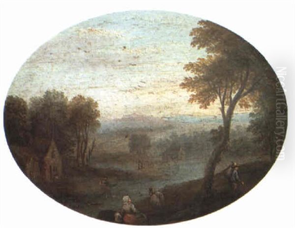 River Landscapes With Figures Oil Painting by Joseph van Bredael