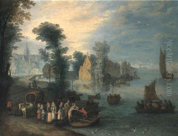 River Landscape With Townsfolk Disembarking From A Ferry Oil Painting by Joseph van Bredael