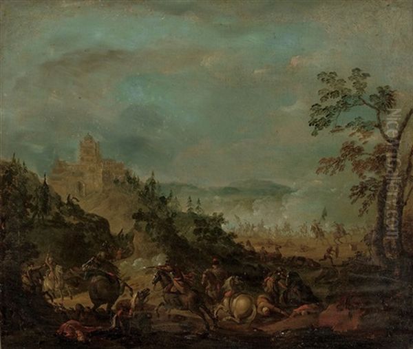 A Cavalry Skirmish With A Fortified Town Beyond Oil Painting by Paul Bredael