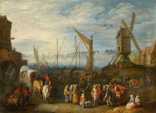 Harbour Scene With A Mill Oil Painting by Peeter van Bredael