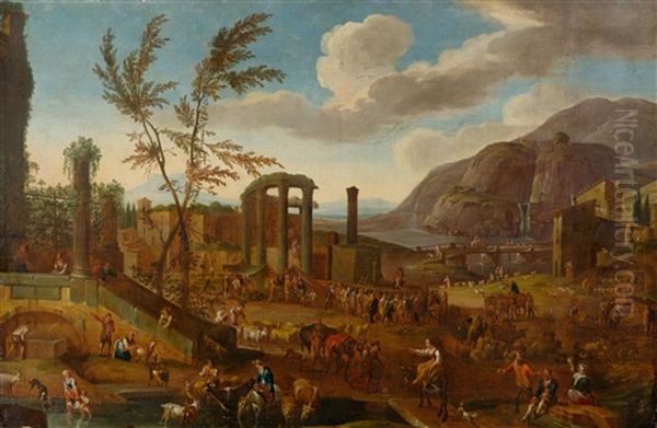 Large Market Scene Oil Painting by Peeter van Bredael