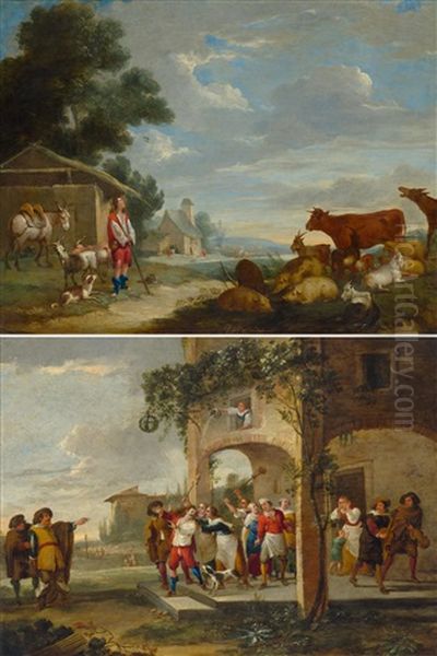 Pair Of Works: Scenes From The Life Of The Prodigal Son Oil Painting by Peeter van Bredael