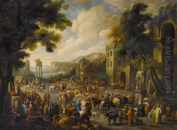 Cattle Market Before A Town Gate With Ancient Ruins Oil Painting by Peeter van Bredael