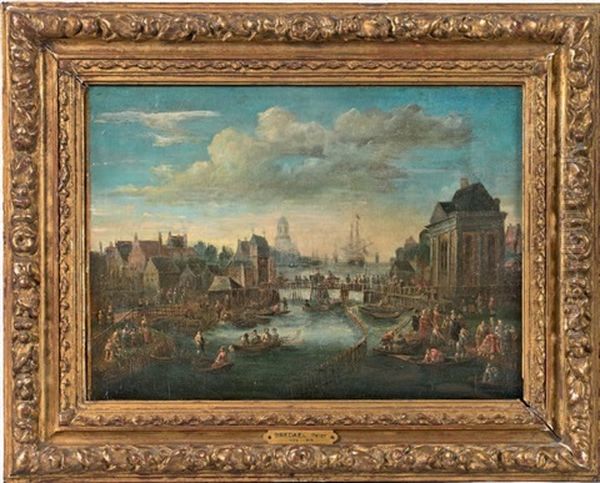 Vue D'un Port Hollandais; Vue De L'ile De La Cite Et De Notre-dame De Paris (2 Works) Oil Painting by Peeter van Bredael