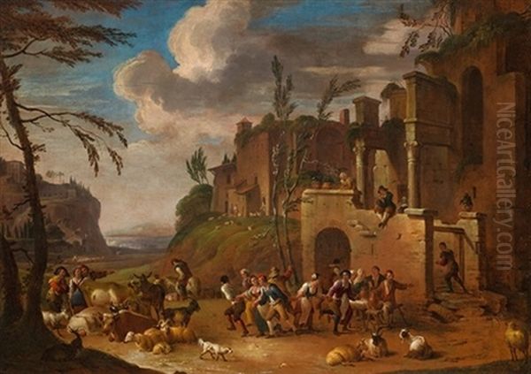 Escena De Campesinos Con Arquitecturas by Peeter van Bredael