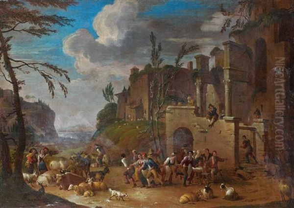 Vue Fantaisiste Du Forum Romain Anime De Paysans Oil Painting by Peeter van Bredael