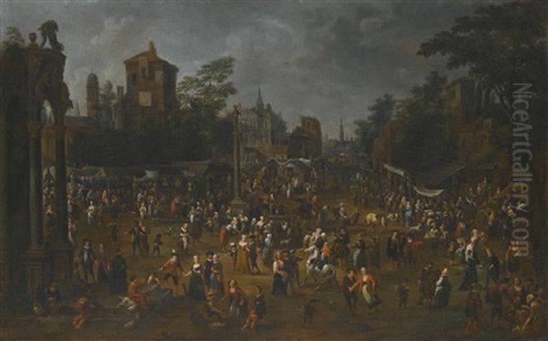 A Busy Market Scene In A Town Square With Many Figures Shopping, Bargaining And Socializing Beneath A Statue Of Justice In The Centre Oil Painting by Peeter van Bredael