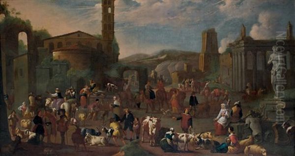 Scene De Marche Aux Bestiaux Oil Painting by Peeter van Bredael