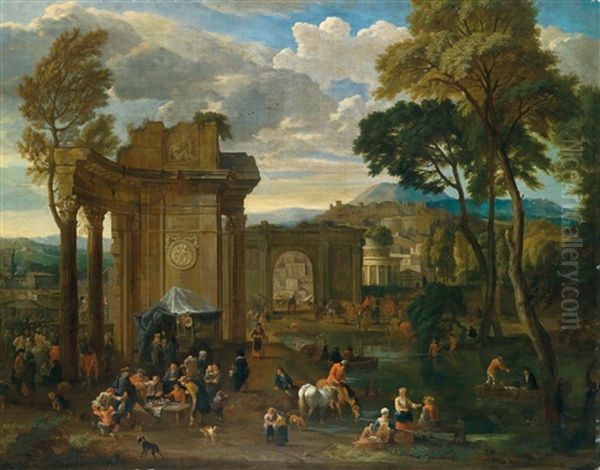 Kirmes Mit Markt Und Einer Theatervorfuhrung Vor Antiken Ruinen Oil Painting by Peeter van Bredael