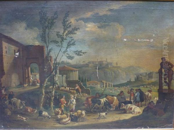 Le Marche Aux Bestiaux Sur Le Campo Vaccino A Rome Et Paysans, Bergers Et Leurs Troupeau Au Milieu Des Ruines Du Campo Vaccino A Rome (2 Works) Oil Painting by Peeter van Bredael