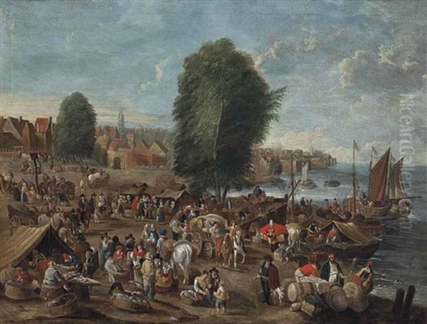 A Coastal Landscape With A Market Oil Painting by Peeter van Bredael