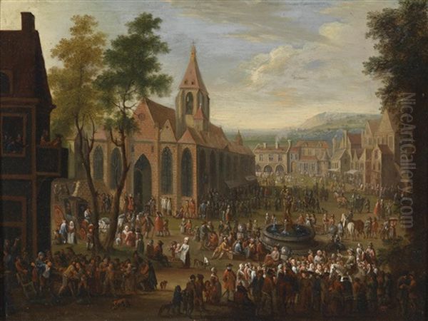 Ein Fest Auf Einem Stadtischen Platz Mit Zahlreichen Figuren Oil Painting by Peeter van Bredael