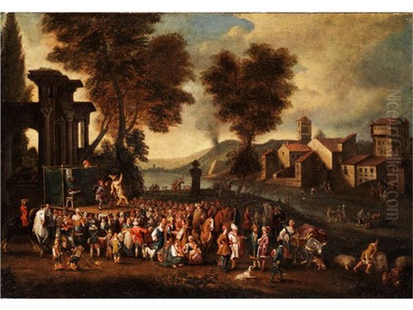 Commedia Dell'arte-szene In Italienischer Landschaft Oil Painting by Peeter van Bredael