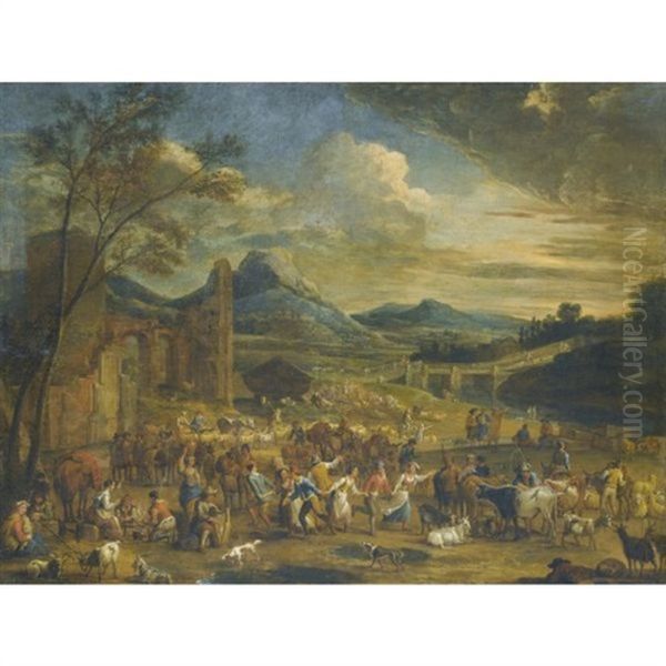 An Extensive And Mountainous River Landscape With Numerous Figures Merrymaking In The Foreground Before Ancient Ruins Oil Painting by Peeter van Bredael