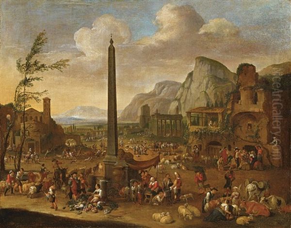 Bauernmarkt Unter Einem Obelisk Oil Painting by Peeter van Bredael