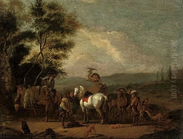 A Wooded Landscape With A Hawking Party At Rest Oil Painting by Peeter van Bredael