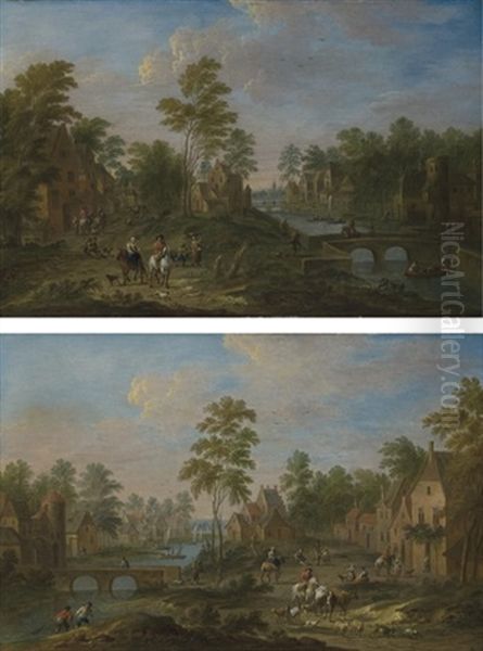 Village Fluvial Anime De Promeneurs, De Cavaliers Et De Pecheurs Sur Des Barques (+ Village Fluvial Avec Des Cavaliers, Des Promeneurs Et Des Pecheurs Tirant Leurs Filets; Pair) Oil Painting by Peeter van Bredael