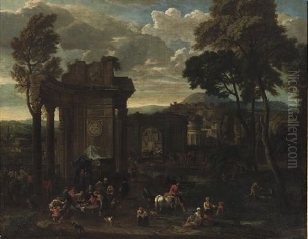 Figures At A Country Fair Near Roman Ruins, A Classical City Beyond Oil Painting by Peeter van Bredael