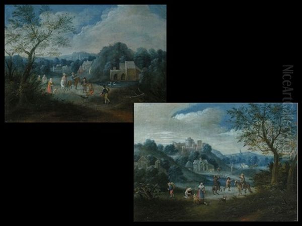 Bauern Auf Dem Weg Zum Markt (+ Personenstaffage Mit Reitern In Landschaft; Pair) Oil Painting by Peeter van Bredael