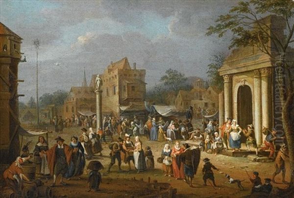 A Busy Market Scene Amongst Classical Ruins by Peeter van Bredael