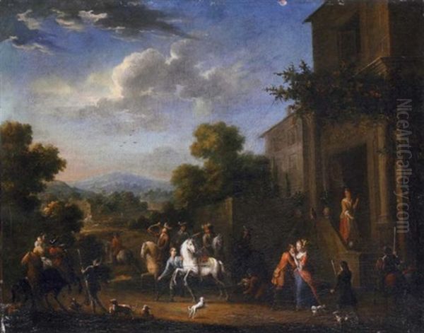 The Courtyard Of An Elegant Mansion With Figures Departing For The Hunt by Peeter van Bredael