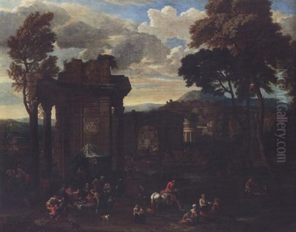 A Country Fair With Traders Exhibiting Their Wares Beneath A Roman Ruin, A Commedia Dell'arte Performance To The Left And Figures Watering Their Horses And Bathing In A River Before A Classical City Oil Painting by Peeter van Bredael