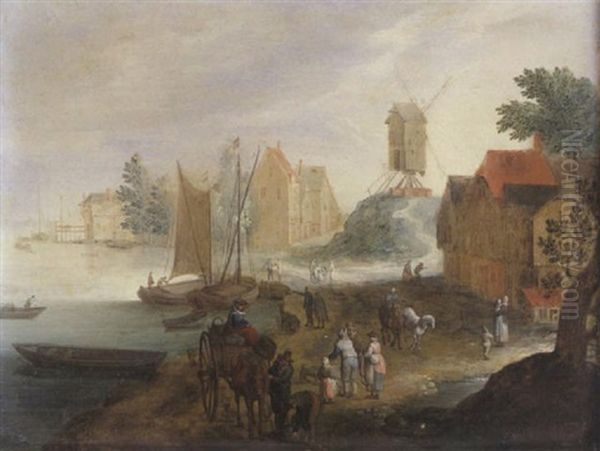 Paysage De Bord De Fleuve Avec Un Moulin Oil Painting by Peeter van Bredael