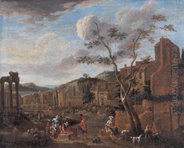 Zuiders Markttafereel Met Antieke Ruines Oil Painting by Peeter van Bredael