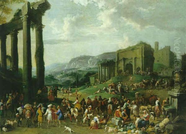 Paysans, Bergers, Marchands Turcs Et Commercants Dans Une Vue Imaginaire Du Campo Vaccino Oil Painting by Peeter van Bredael