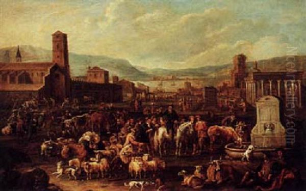 A Mediterranean Market Scene With Figures And Cattle Around A Classical Fountain, Surrounded By Classical Buildings Oil Painting by Peeter van Bredael