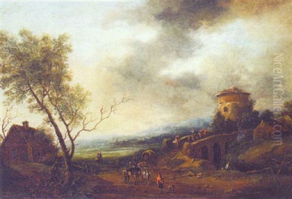 An Italianate Landscape With Travellers Crossing A Bridge Oil Painting by Peeter van Bredael