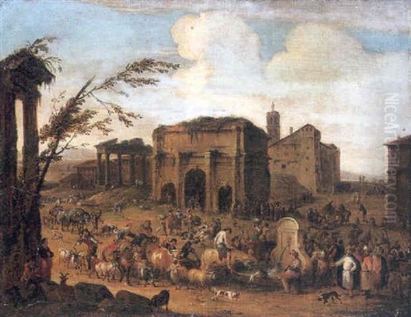 A Capriccio Of A Roman Marketplace With Peasants And Levants At A Fountain Oil Painting by Peeter van Bredael