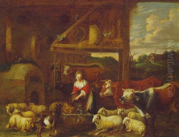 A Farm Maid Feeding Livestock In A Farmyard by Peeter van Bredael