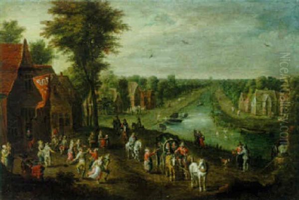 Village Landscape With Figures Dancing Outside A Tavern, Mounted Travellers Resting, A Canal Beyond Oil Painting by Peeter van Bredael