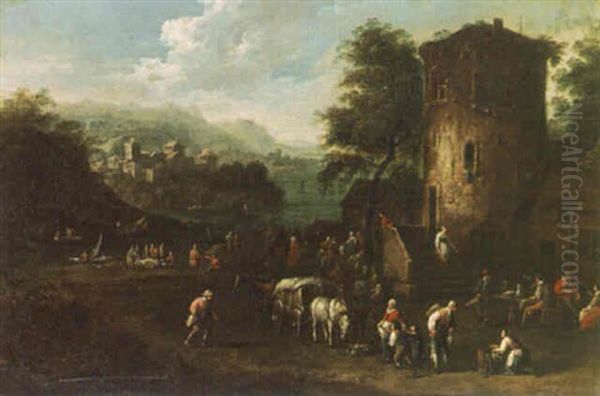 A Coastal Landscape With Peasants Selling Their Wares Outside An Inn Oil Painting by Peeter van Bredael