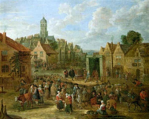 A Town Square With Figures Gathered Around A Performance Of The Commedia Dell'arte Oil Painting by Peeter van Bredael