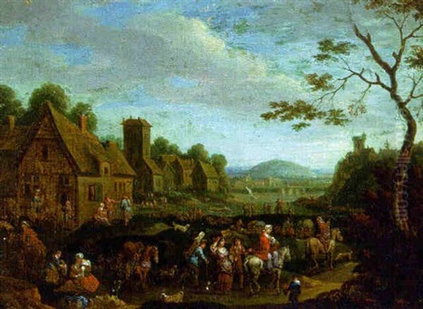 Travellers Arriving In A Village, A River Beyond Oil Painting by Peeter van Bredael