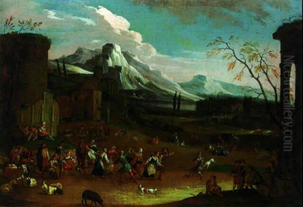 Peasants Dancing On The Ourtskirts Of A Town, Mountain Beyond Oil Painting by Peeter van Bredael