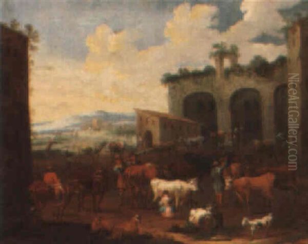 Landscape With Herders Resting Their Animals Beside Buildings Oil Painting by Peeter van Bredael