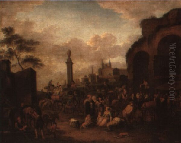 A Market In A Piazza By A Ruined Arch Oil Painting by Peeter van Bredael