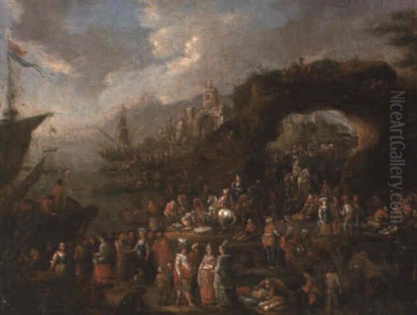 An Inlet With Numerous Merchants And Travellers Oil Painting by Peeter van Bredael