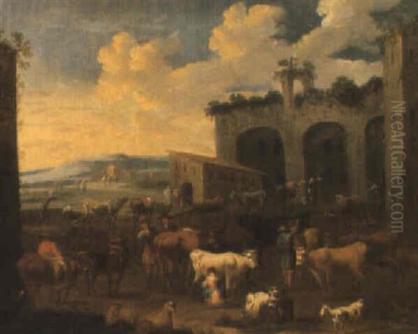 Italiensk Stadsvy Med Kor, Far, Getter Och Figurer Oil Painting by Peeter van Bredael