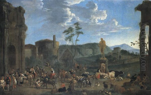 Veduta Ideata Con Scena Di Mercato Oil Painting by Peeter van Bredael