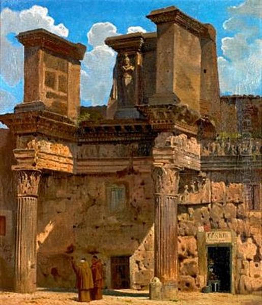 Scenery From Rome With Two Monks By A Bakery Oil Painting by Niels (Anders) Bredal