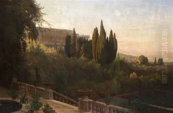 Parti Af Villa D'este, Morgen, I Baggrunden Den Romerske Campagne Oil Painting by Niels (Anders) Bredal