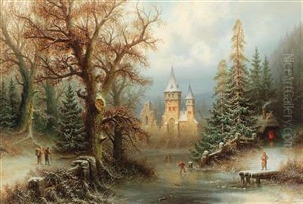 Romantic Winter Landscape With Ice Skaters By A Castle Oil Painting by Albert Bredow