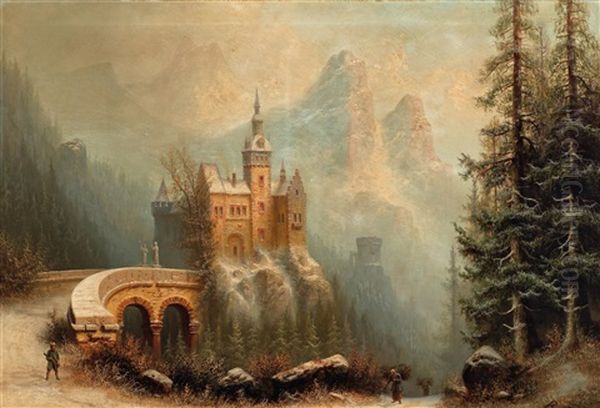 Large Winter Landscape With Castle In The Mountains Oil Painting by Albert Bredow