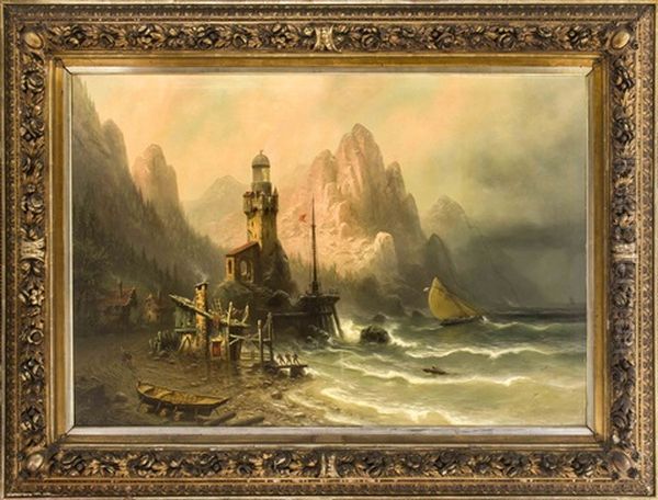 Hafenszene Vor Felsiger Landschaft Oil Painting by Albert Bredow