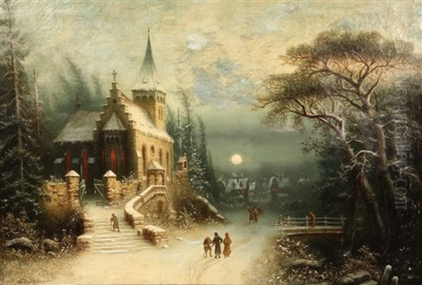 Romantic Moonlit Winter Landscape With Stone Church And Distant Village Oil Painting by Albert Bredow