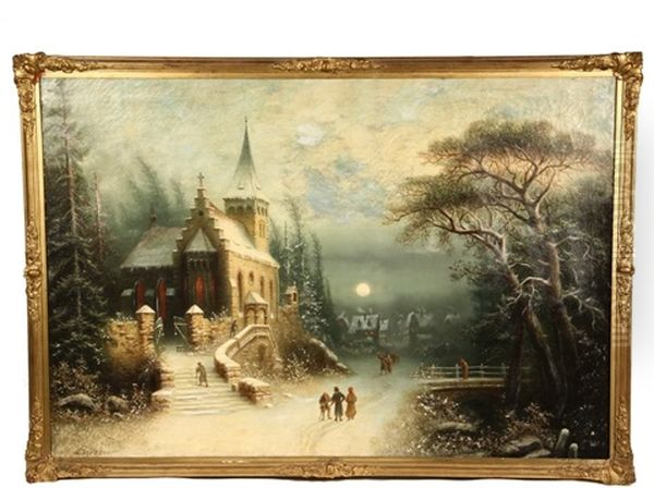 Romantic Moonlit Winter Landscape With Stone Church And Distant Village Oil Painting by Albert Bredow